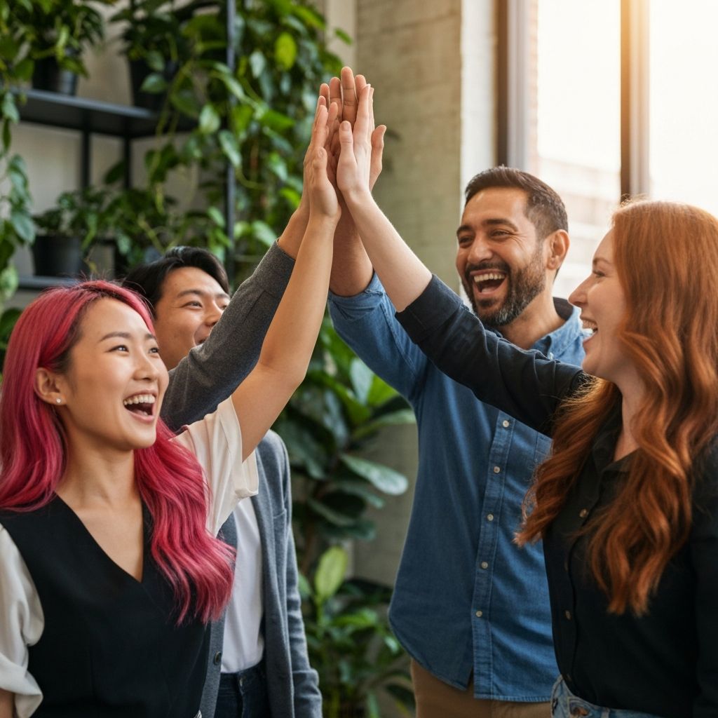 Happy team celebrating success together