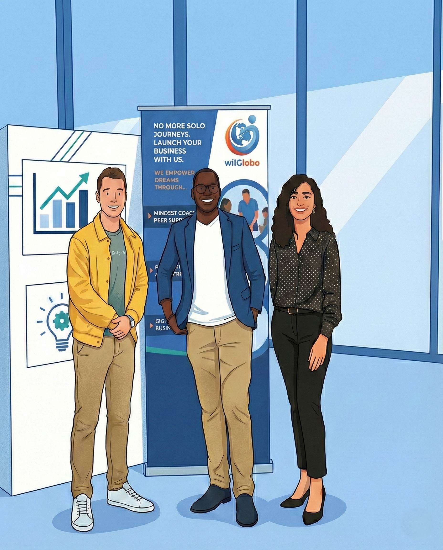 WilGlobo team - illustration of three team members